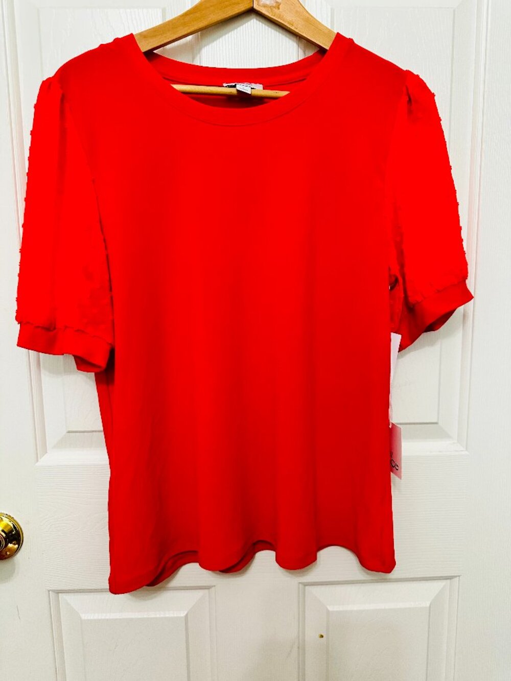 CECE FIREBALL RED SHEER SHORT SLEEVE CREW NECK BLOUSE TOP LARGE